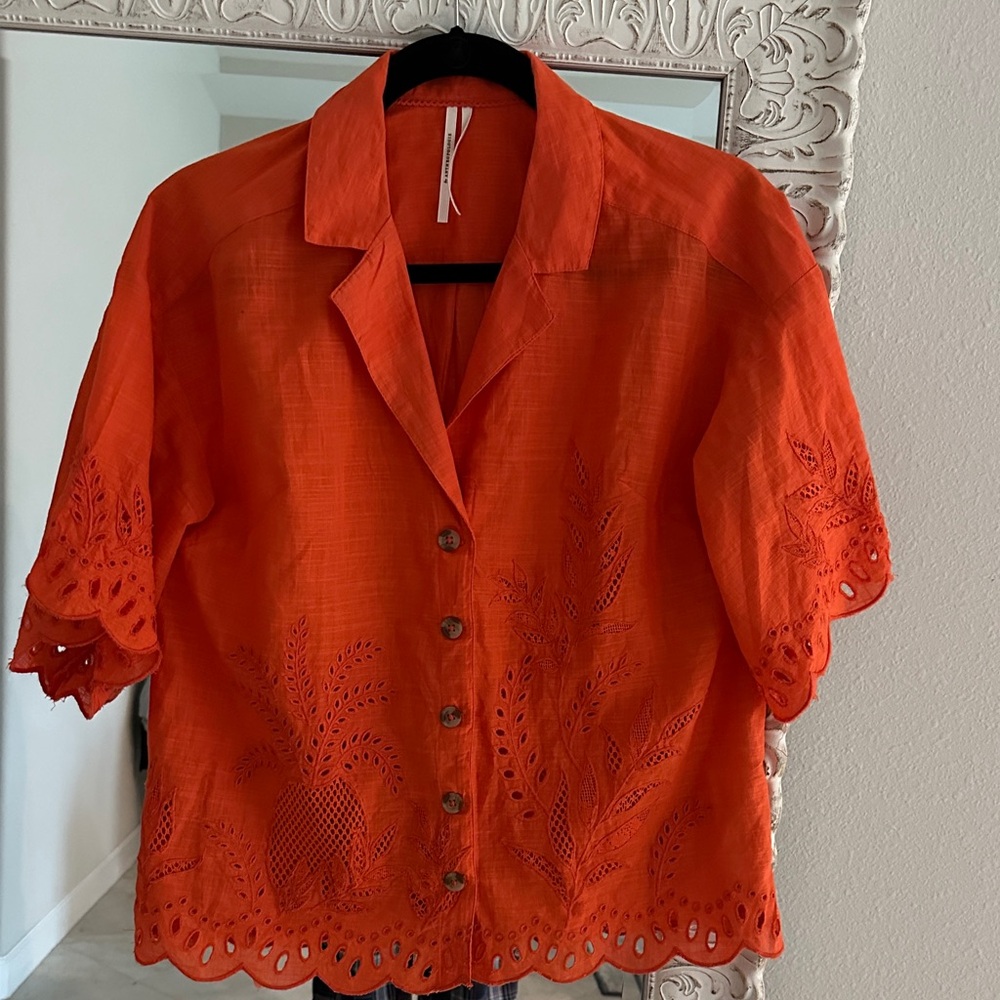 Anthropologie Eyelet Short Sleeve Button Down Top